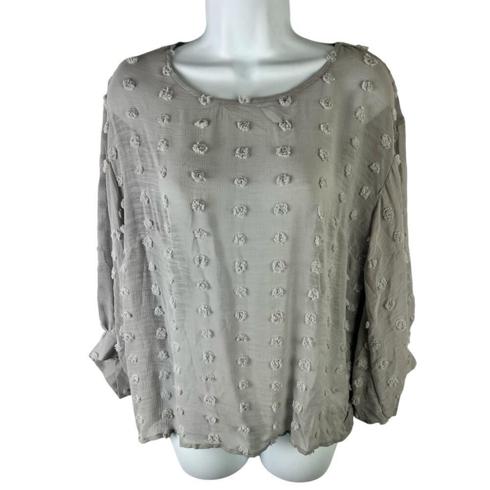Solitaire Gray Swiss Dot Blouse Semi Sheer Textured Top sz M